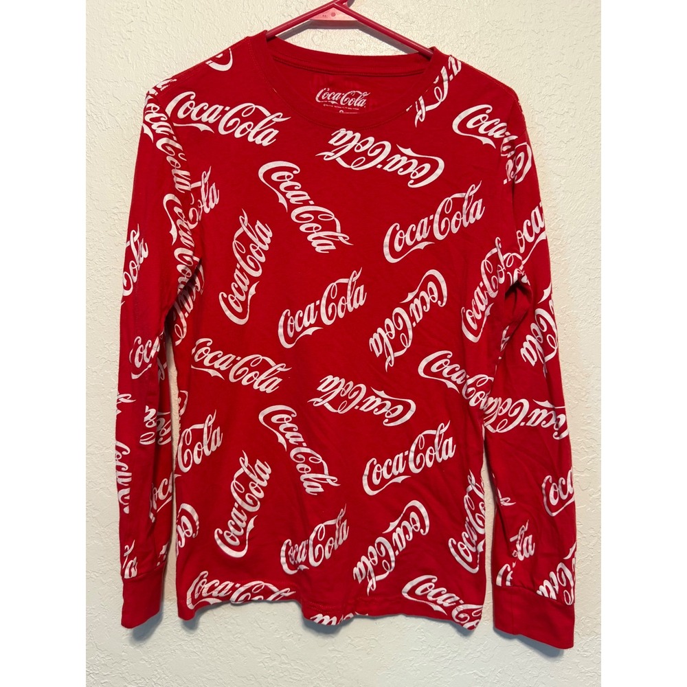 Coca-Cola Red All Over Print Long Sleeve Graphic Tee Shirt Small RN 117508
